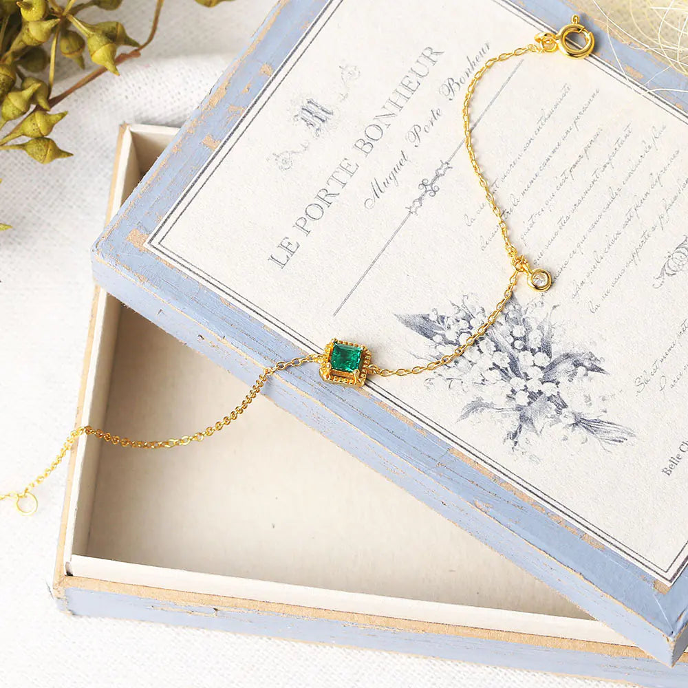 S925 Silver Square Emerald Bracelet with 14K Gold Accent