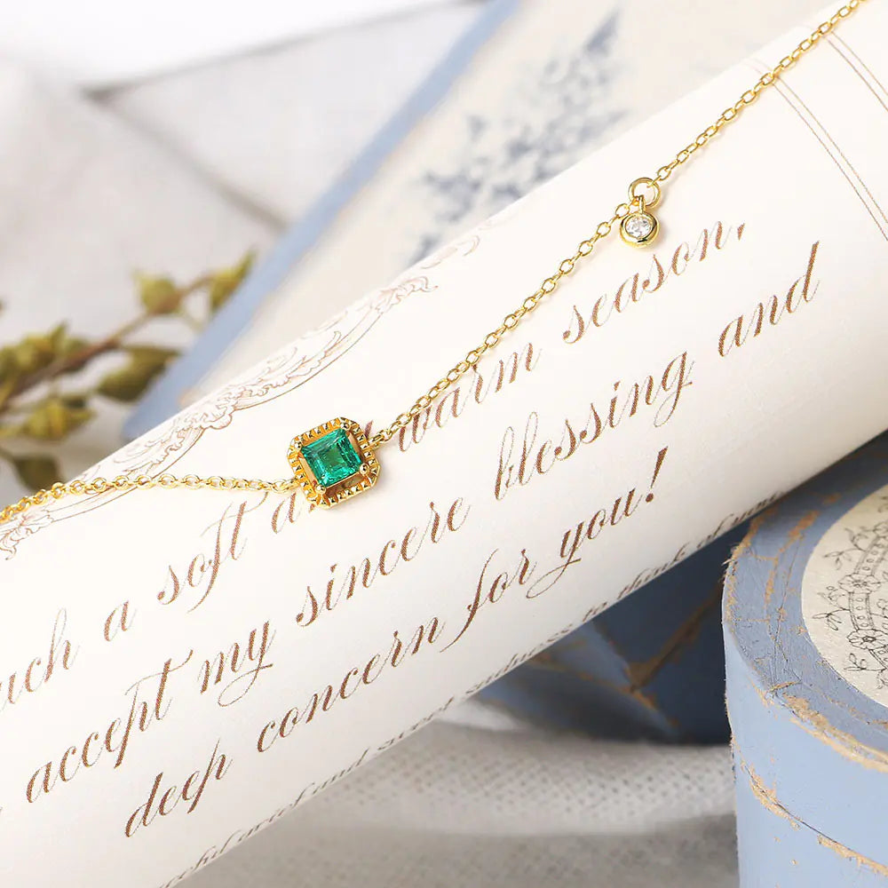 S925 Silver Square Emerald Bracelet with 14K Gold Accent