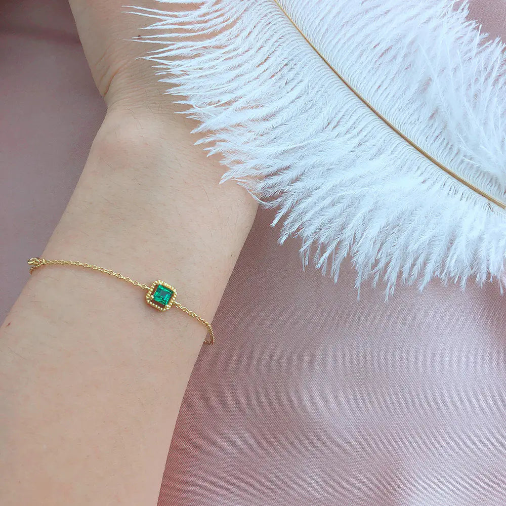 S925 Silver Square Emerald Bracelet with 14K Gold Accent
